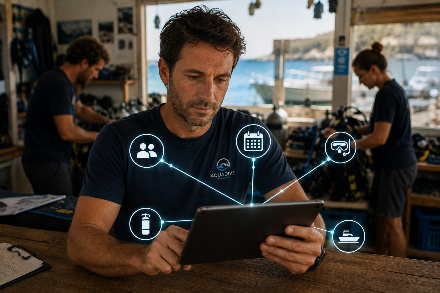 Operatore del diving consulta un tablet